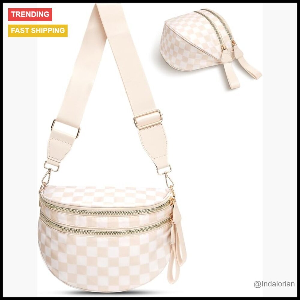 Checkered Nylon Crossbody Bag Spacious Sling Purse Fanny Pack Adjustable Strap